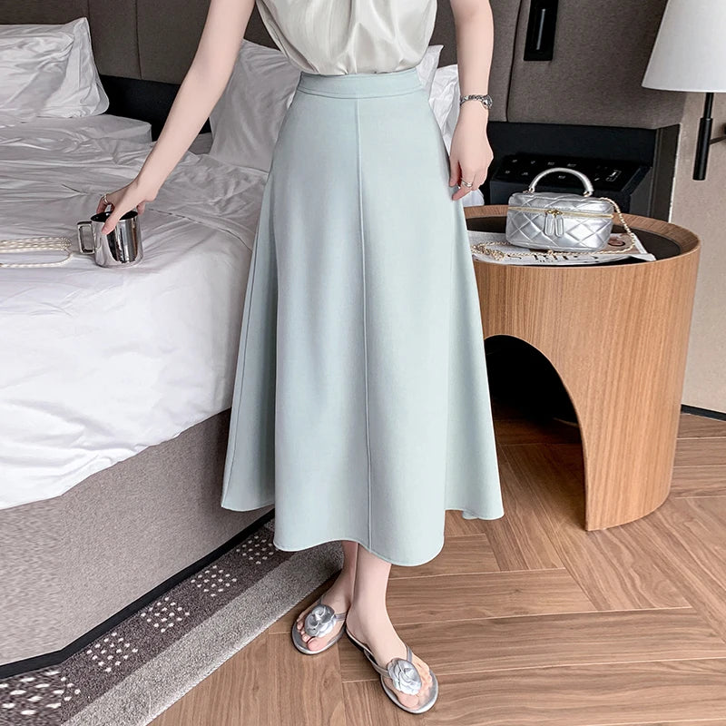Elegant OL Spring Summer Long Skirts For Woman Fashion Korean High Waist A-line Office Skirt Suit Pleated Pink Black Skirt Women
