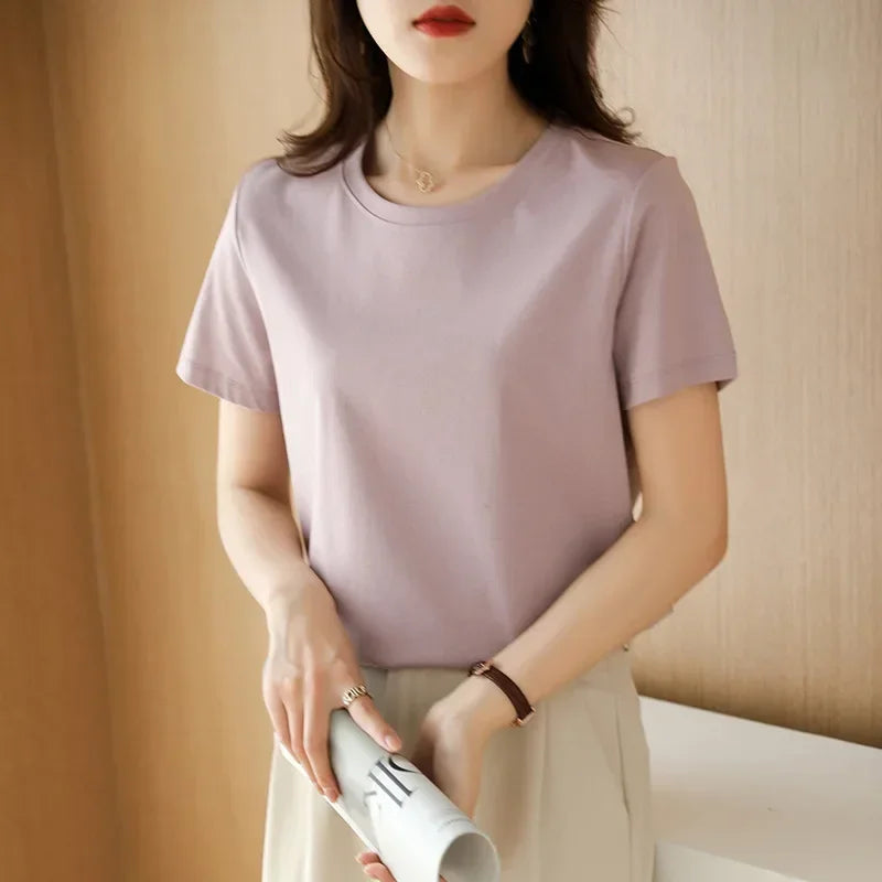 Short-sleeved T-shirt Solid Color Cotton Loose Round Neck Korean Version 2025 Spring And Summer Casual Bottoming Shirt Women