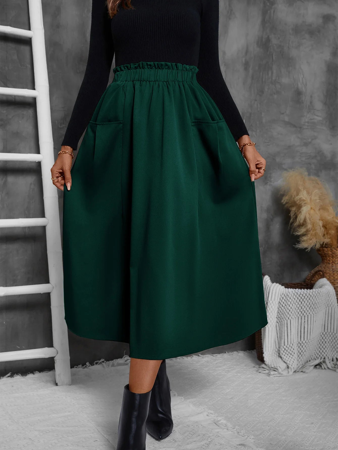 Women's Midi Skirt with Pockets - High Waist Elastic Waist Flowy A-Line Skirt for Casual and Party Wear