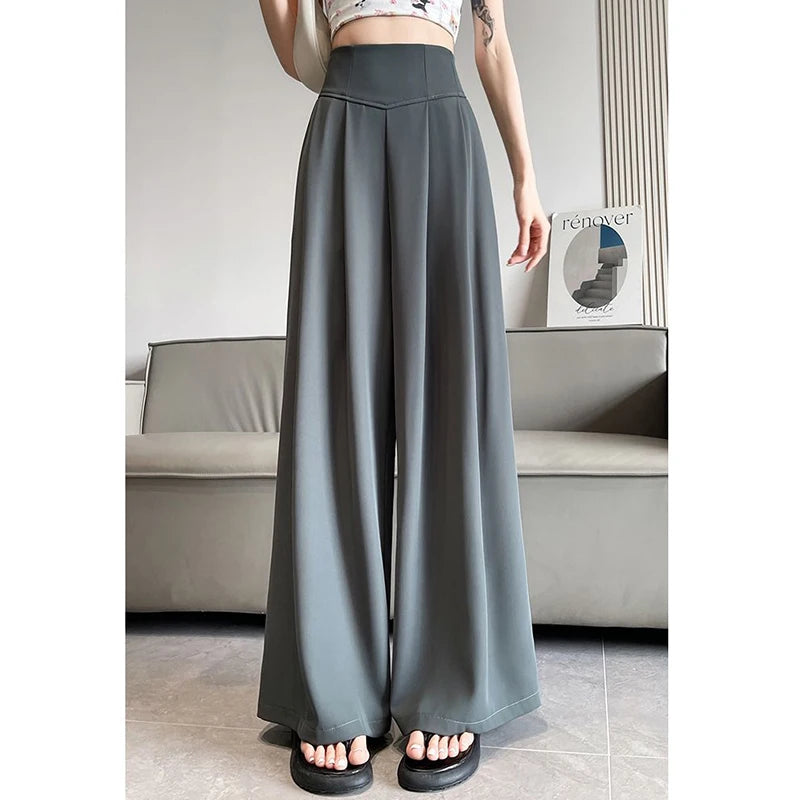 Lady Korean Solid High Waist Pants Girls Fashion Wide Leg Suit Trousers Women Slim Fit Comfortable Daily Slacks