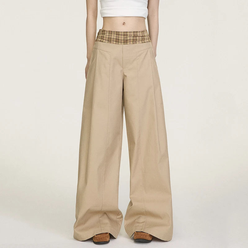 American Retro Khaki Casual Pants for Women 2026 Spring Plaid Patchwork Wide Leg Pants Women Loose High Waisted Long Trousers