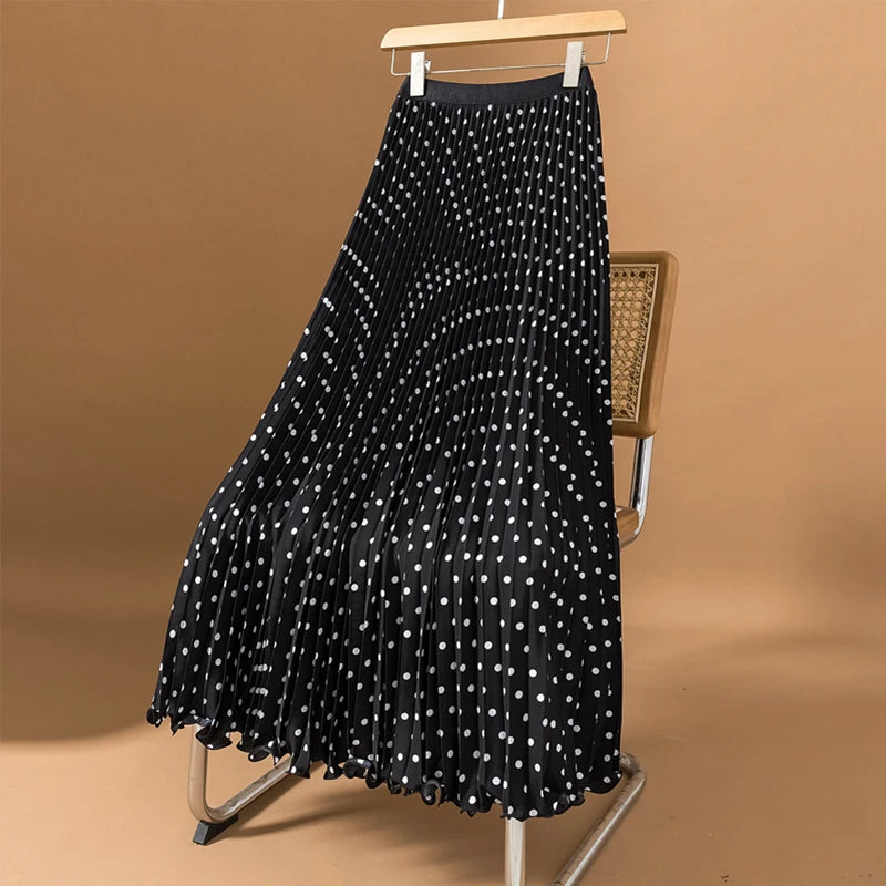 Polka Dot Pleated Long Skirt Women Fashion Elastic High Waisted Slim Dance Beach Skirt 2025 New Spring Summer Aautumn