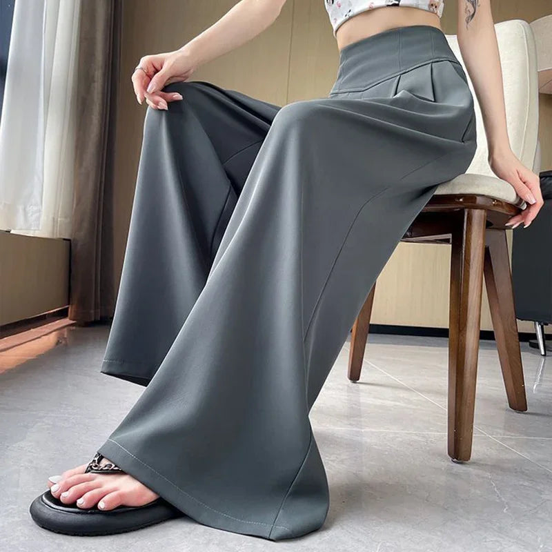 Lady Korean Solid High Waist Pants Girls Fashion Wide Leg Suit Trousers Women Slim Fit Comfortable Daily Slacks