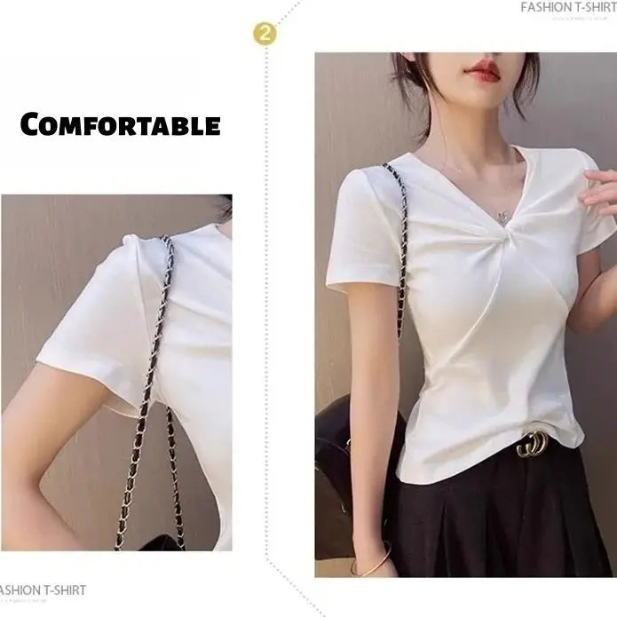 Summer V-neck Crew Neck T-Shirt: Minimalist Design, Twisted Detail, Slim-Fit, Slimming Top, Trendy Ribbed Stretch Fabric