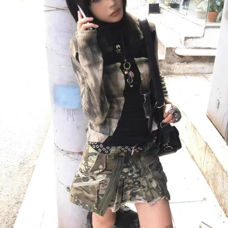 Women Y2k Clothing Ribbed Tops Vintage Harajuku Cross Print T-shirt Grunge Aesthetic Long Sleeve Patchwork Tops Trend 2000s