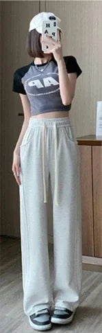 Blue Korean Fresh Drape Effect High Waist Trouser Fashion Female Summer Baggy Wide Leg Pants Street Classic Women Sweatpants Y2k