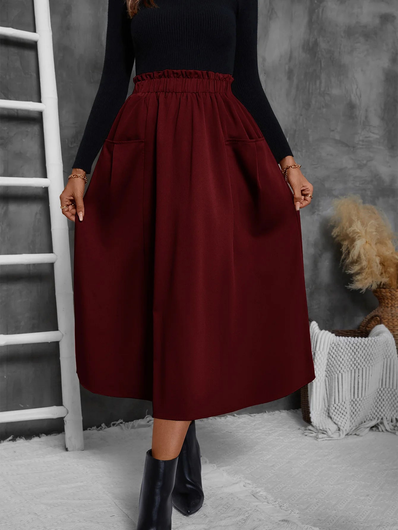 Women's Midi Skirt with Pockets - High Waist Elastic Waist Flowy A-Line Skirt for Casual and Party Wear