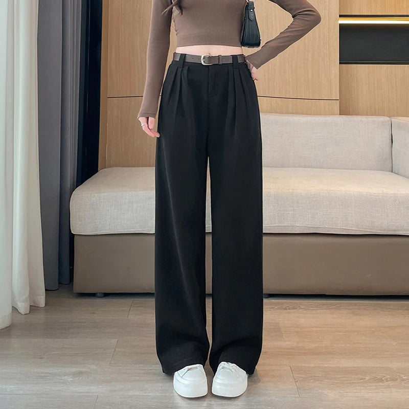 Vintage High Waist Corduroy Pants Women Autumn Winter Straight Causal Full Length Trousers Korean Fashion All Match Black Pants