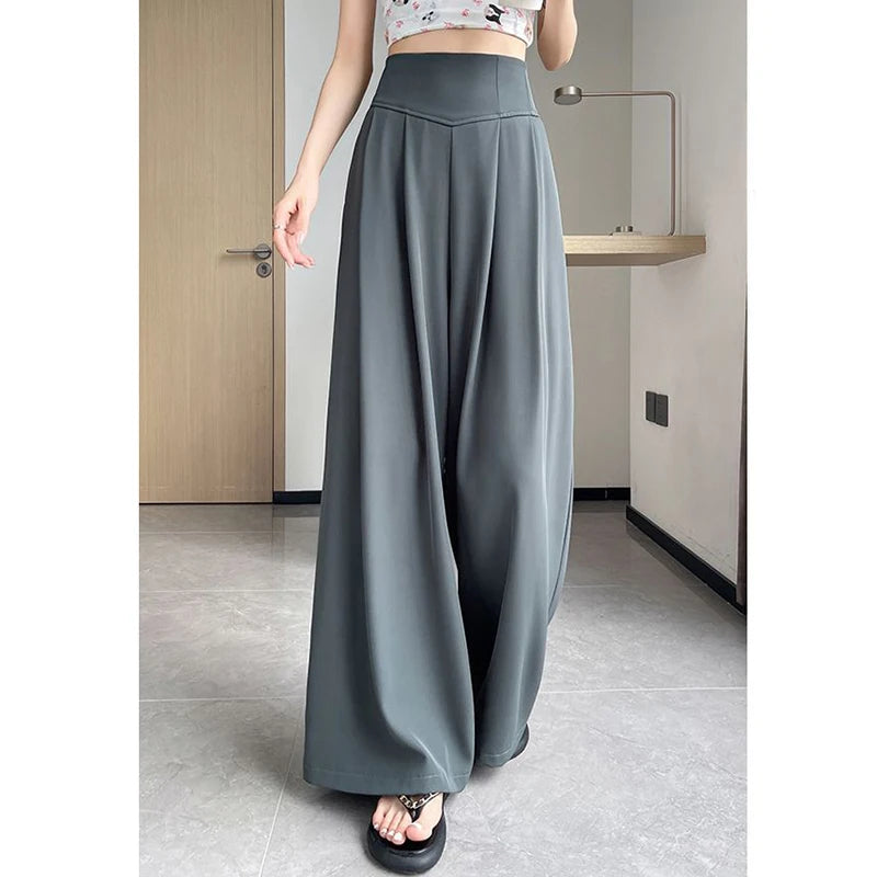 Lady Korean Solid High Waist Pants Girls Fashion Wide Leg Suit Trousers Women Slim Fit Comfortable Daily Slacks