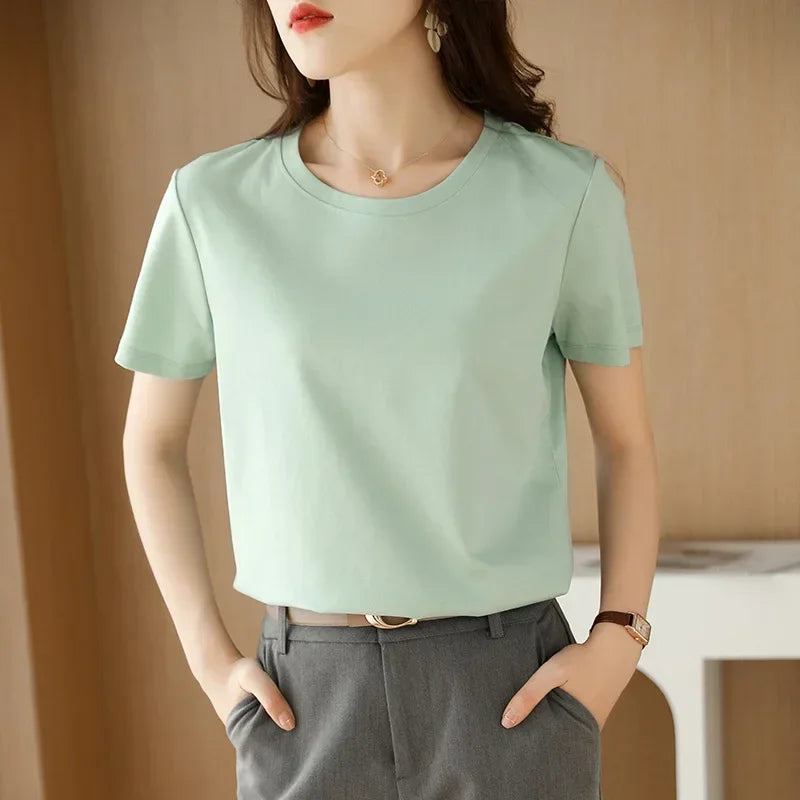 Short-sleeved T-shirt Solid Color Cotton Loose Round Neck Korean Version 2025 Spring And Summer Casual Bottoming Shirt Women
