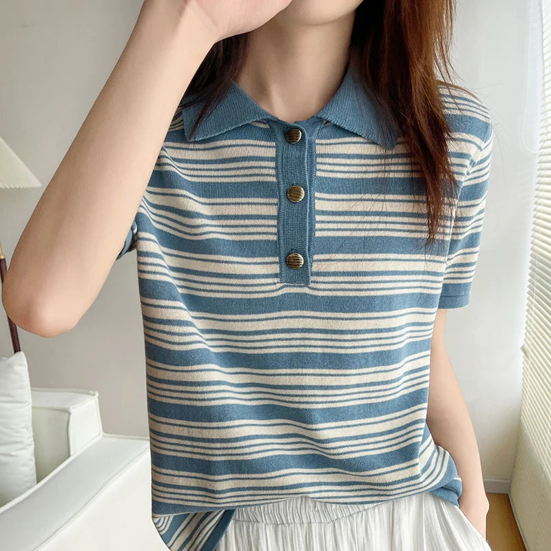 Women's T-Shirt 100% Cotton Sweater Short Sleeve Striped Knitted Turn-down Collar Ladies Tops Loose Blouse Pullover Tees Buttons