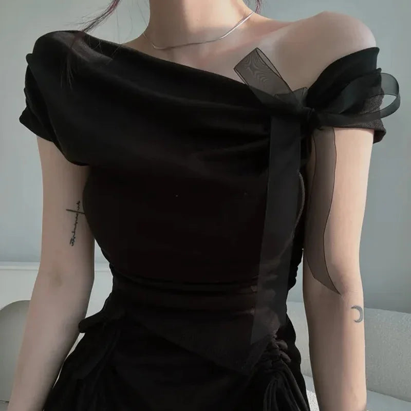 Korean Style 2026 Summer Temperament Sweet Tees Women Sexy Bow Lace Up Crop Top Irregular Off Shoulder Short Sleeve T-shirts