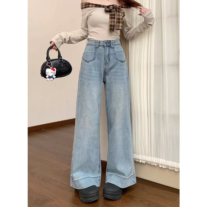 Womens High Waist Wide Leg Jeans Vintage Baggy Denim Pants With Pockets Comfortable Straight Leg Streetwear Fashion Trousers