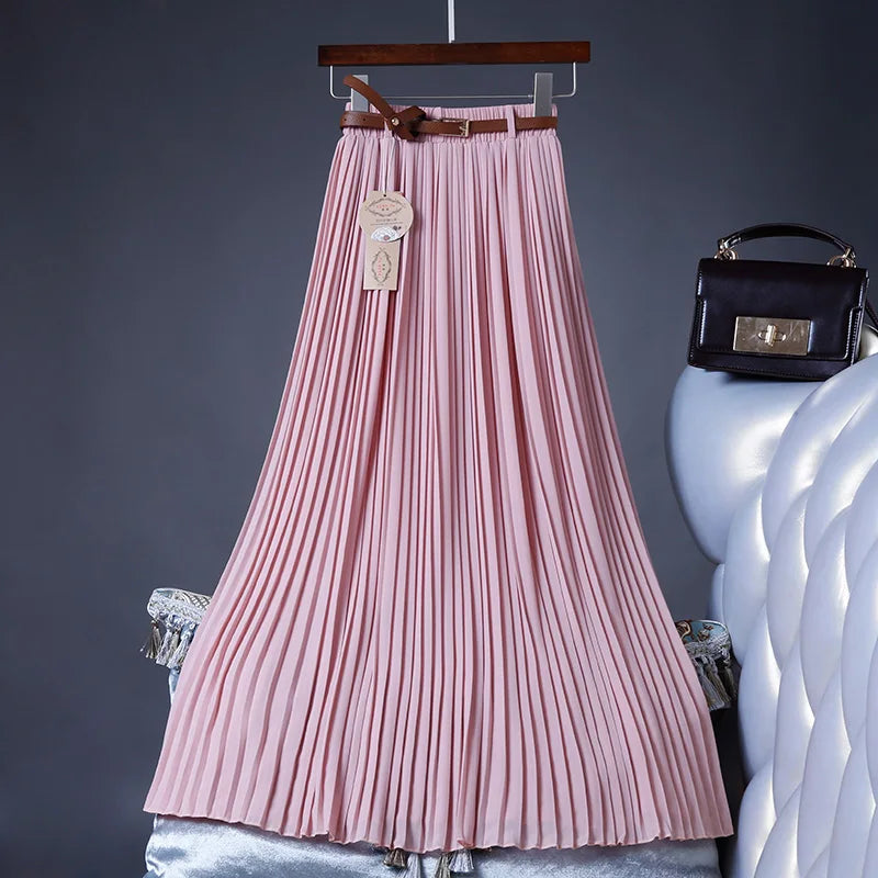 2021 High Quality Women Summer Skirt High Waist Vintage Women Pleated Skirt Saias Femme Boho White Long Chiffon Skirt Streetwear