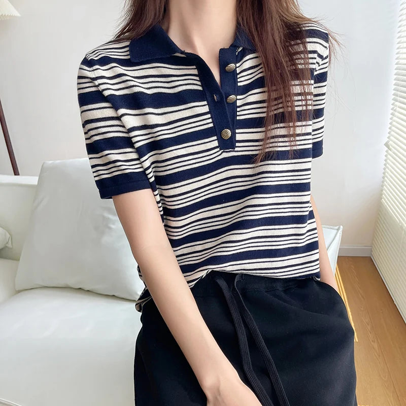 Women's T-Shirt 100% Cotton Sweater Short Sleeve Striped Knitted Turn-down Collar Ladies Tops Loose Blouse Pullover Tees Buttons