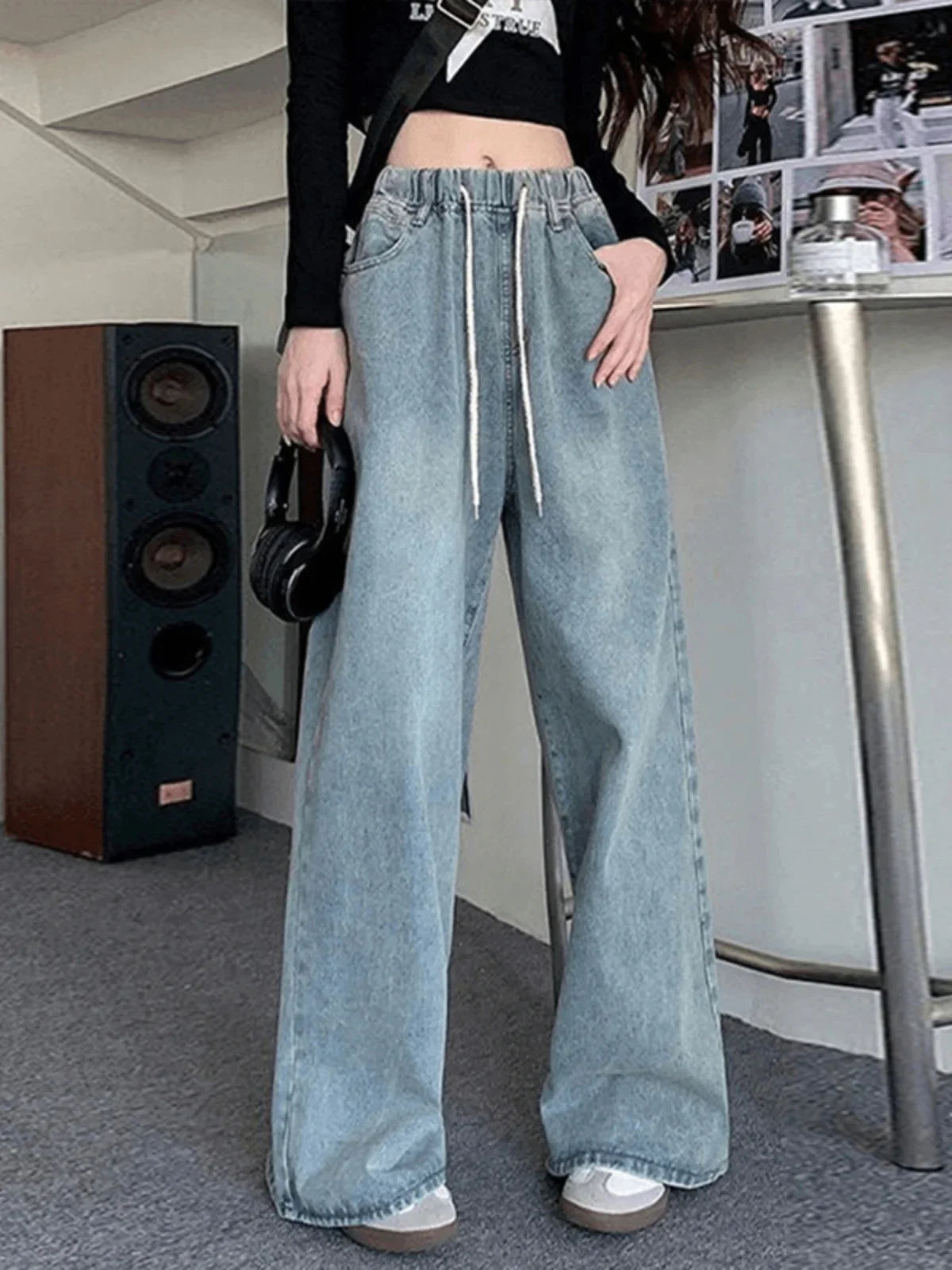 Botvotee Elastic Waist High Waist Wide Leg Jeans for Women Loose Straight Blue Long Denim Pants Female Fashion Streetwear Jeans