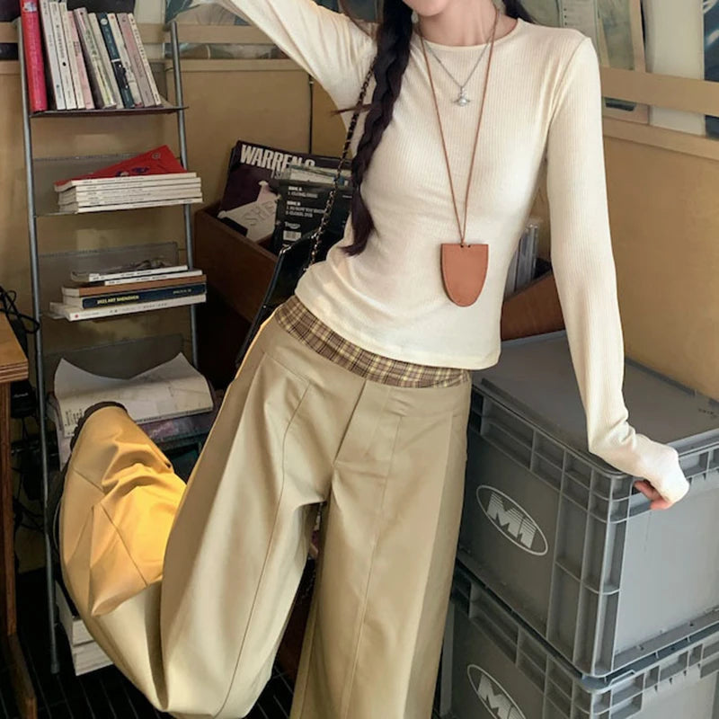 American Retro Khaki Casual Pants for Women 2026 Spring Plaid Patchwork Wide Leg Pants Women Loose High Waisted Long Trousers