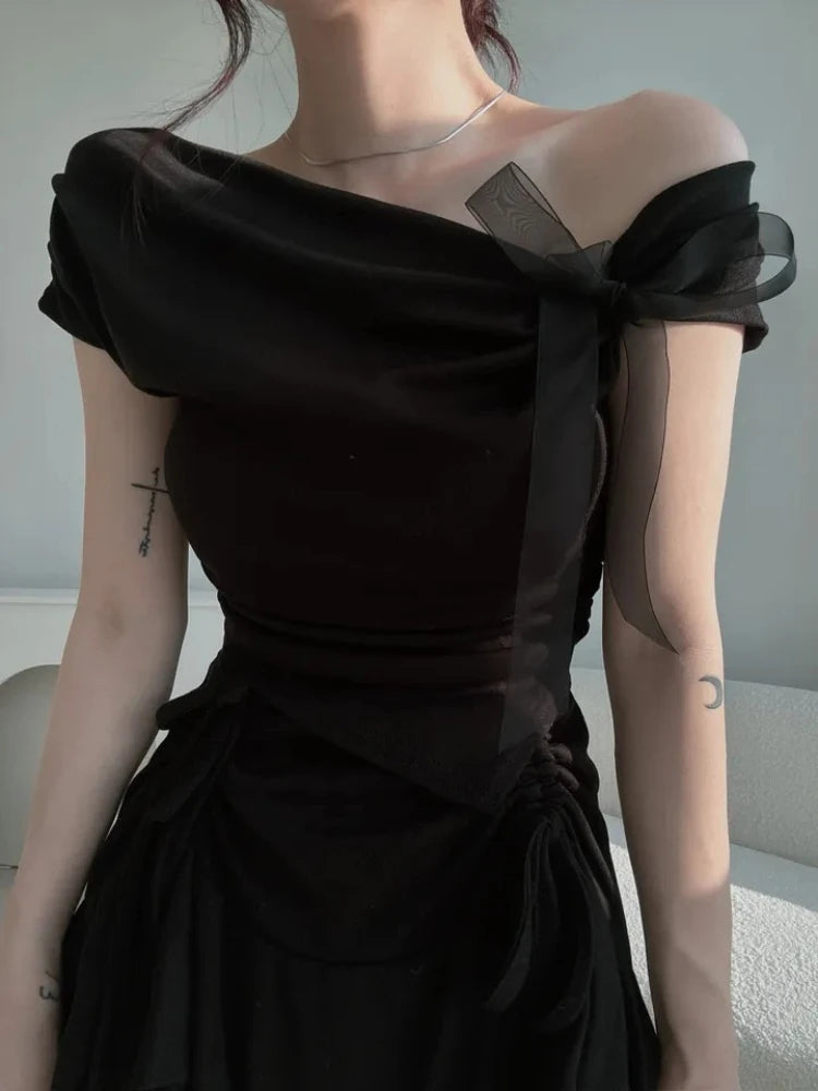 Korean Style 2026 Summer Temperament Sweet Tees Women Sexy Bow Lace Up Crop Top Irregular Off Shoulder Short Sleeve T-shirts