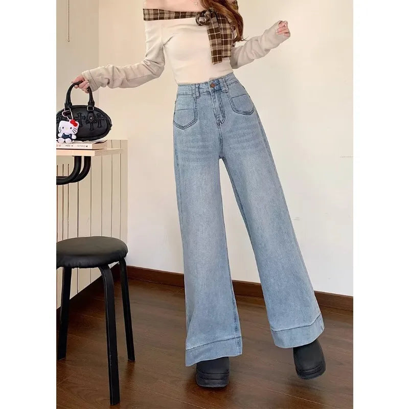 Womens High Waist Wide Leg Jeans Vintage Baggy Denim Pants With Pockets Comfortable Straight Leg Streetwear Fashion Trousers