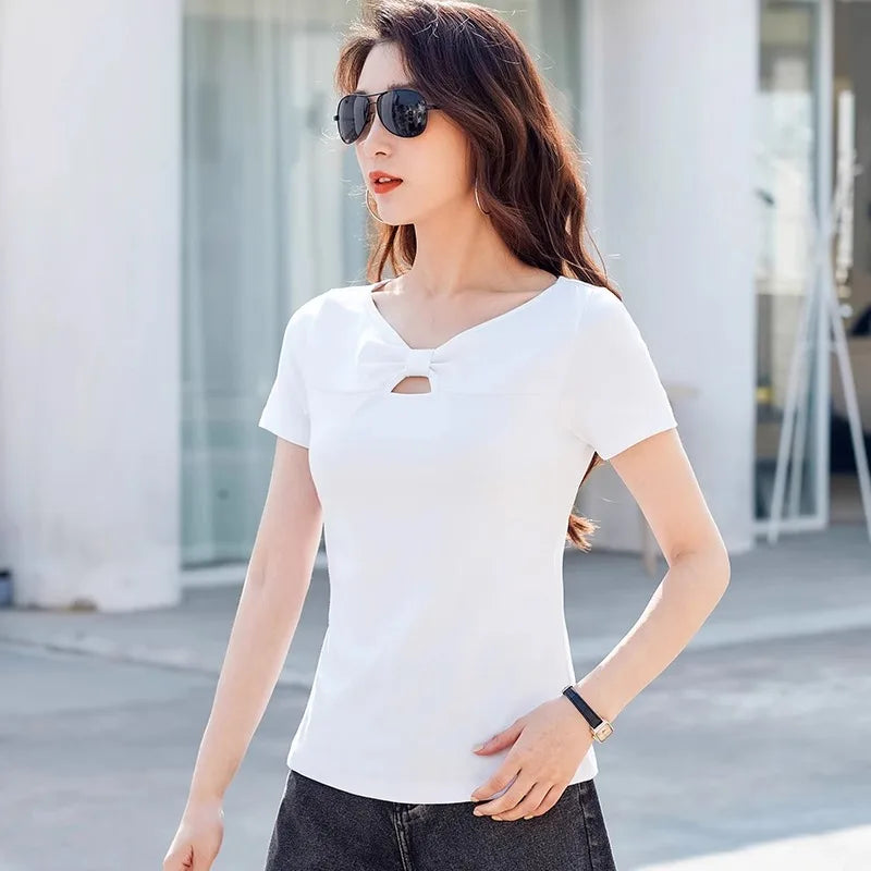 Korean version pure cotton short sleeved t-shirt women's summer new high-end fashion plus size slim fit casual T-shirt V-neck to