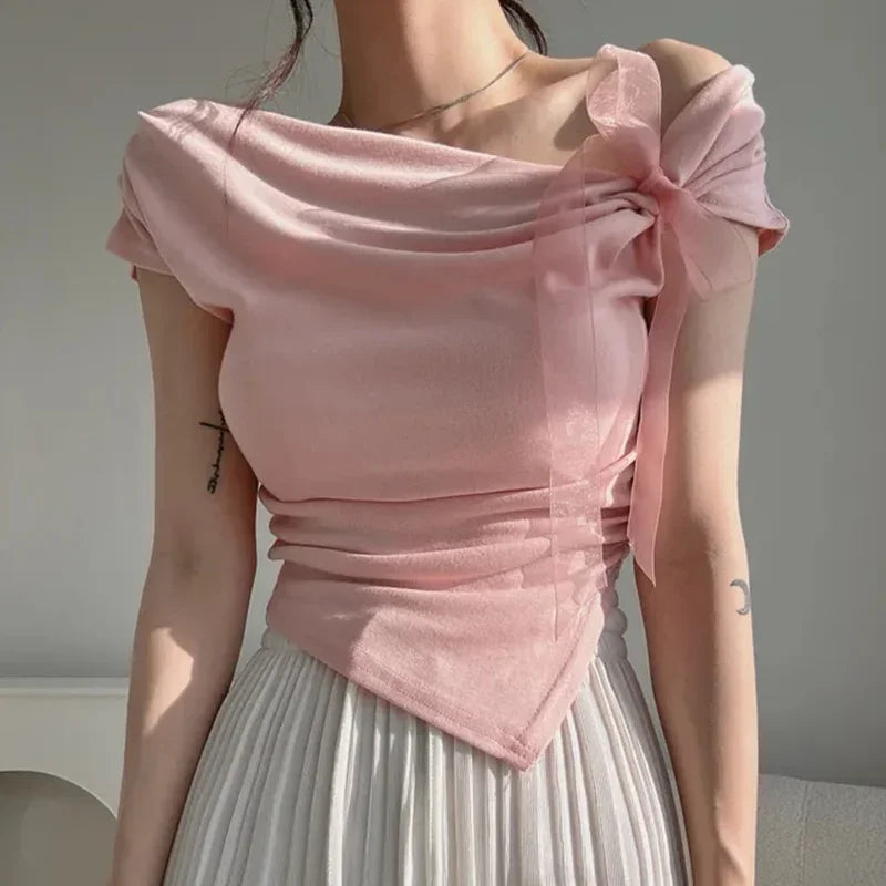 Korean Style 2026 Summer Temperament Sweet Tees Women Sexy Bow Lace Up Crop Top Irregular Off Shoulder Short Sleeve T-shirts