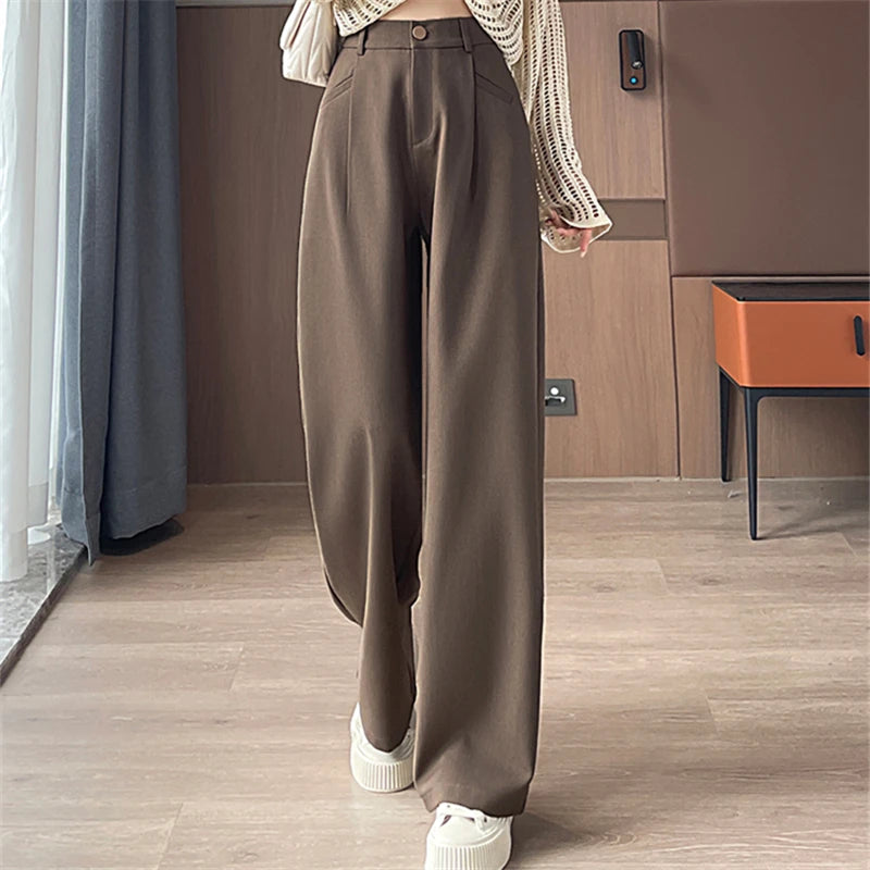Seoulish Autumn Elegant Women's Wide Leg Pants 2024 New Korean Solid Button Casual Loose Office Full Length Trousers Female