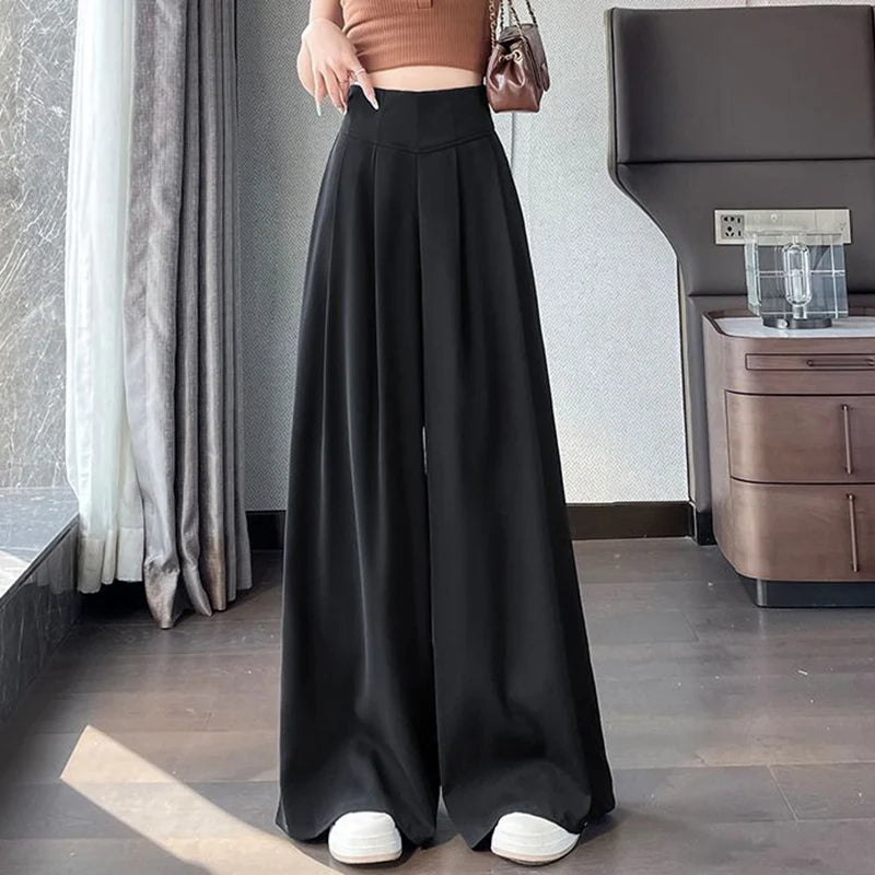 Lady Korean Solid High Waist Pants Girls Fashion Wide Leg Suit Trousers Women Slim Fit Comfortable Daily Slacks