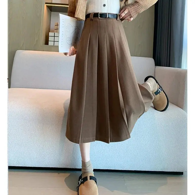 Women's Wool Skirt - High-Waisted, Slimming Belted, Plus Size Vintage-Inspired, Versatile Mid-Length Pleated Skirt