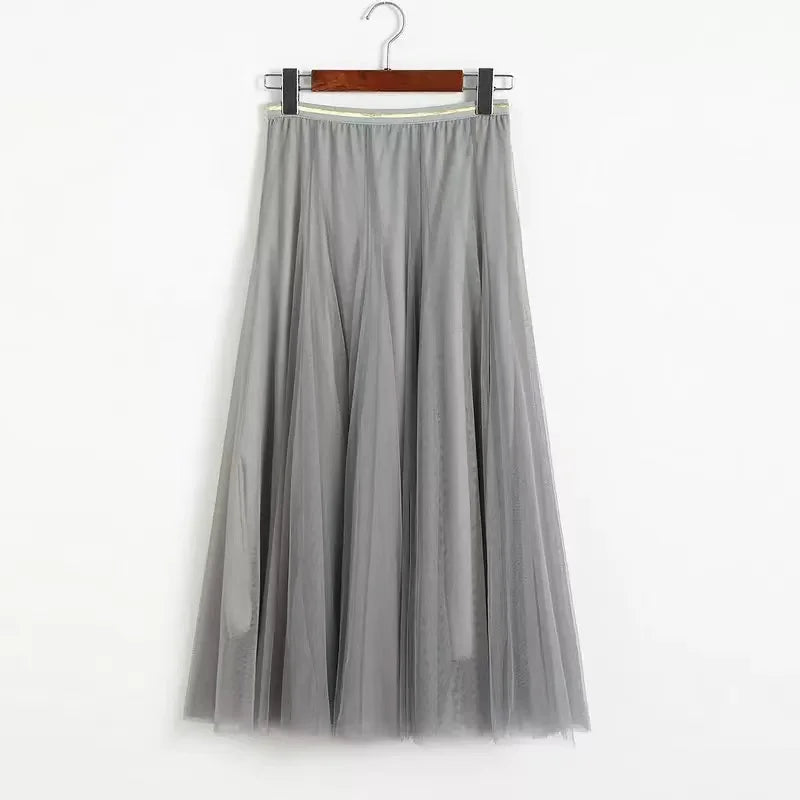 Summer Mesh Women Pleated Skirt Solid High Waist A Line Tulle Skirts Chic Long Maxi Tutu Skirt Holiday Beach Tulle Skirt