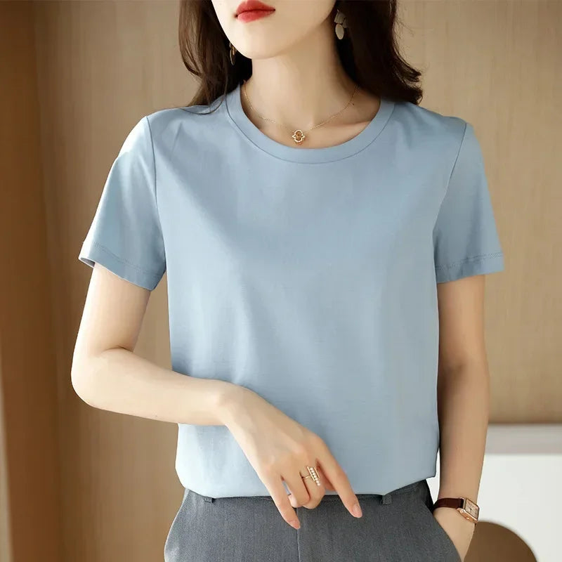 Short-sleeved T-shirt Solid Color Cotton Loose Round Neck Korean Version 2025 Spring And Summer Casual Bottoming Shirt Women