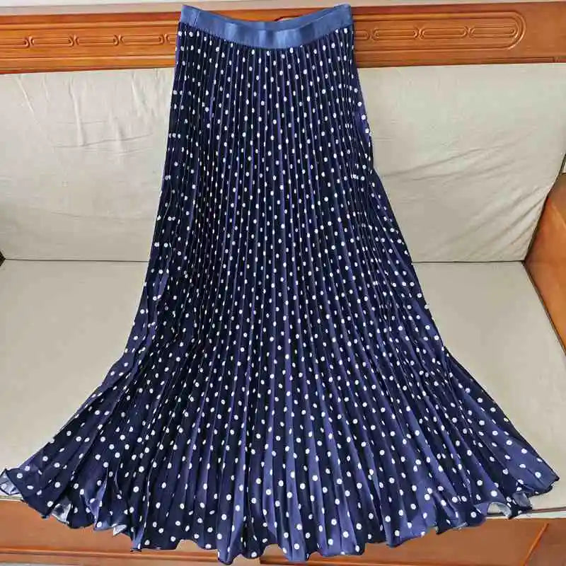 Polka Dot Pleated Long Skirt Women Fashion Elastic High Waisted Slim Dance Beach Skirt 2025 New Spring Summer Aautumn