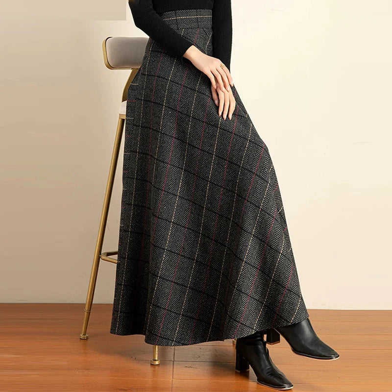 Women's 2026 Fall/Winter Plaid Wool Midi Skirt - High-Waisted A-Line, Plus Size, Thickened & Slimming Long Skirt