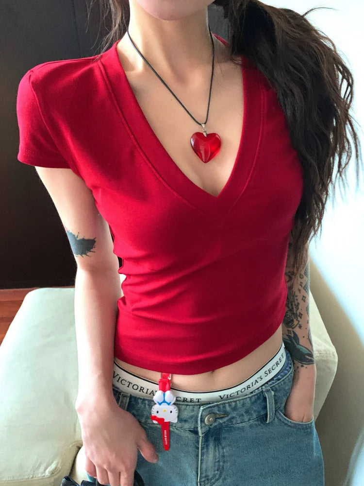 Basic Solid Crop Top Short Sleeve V-neck Skinny T-shirt Summer Casual Tee for Women Y2K Vintage Top Harajuku Streetwear