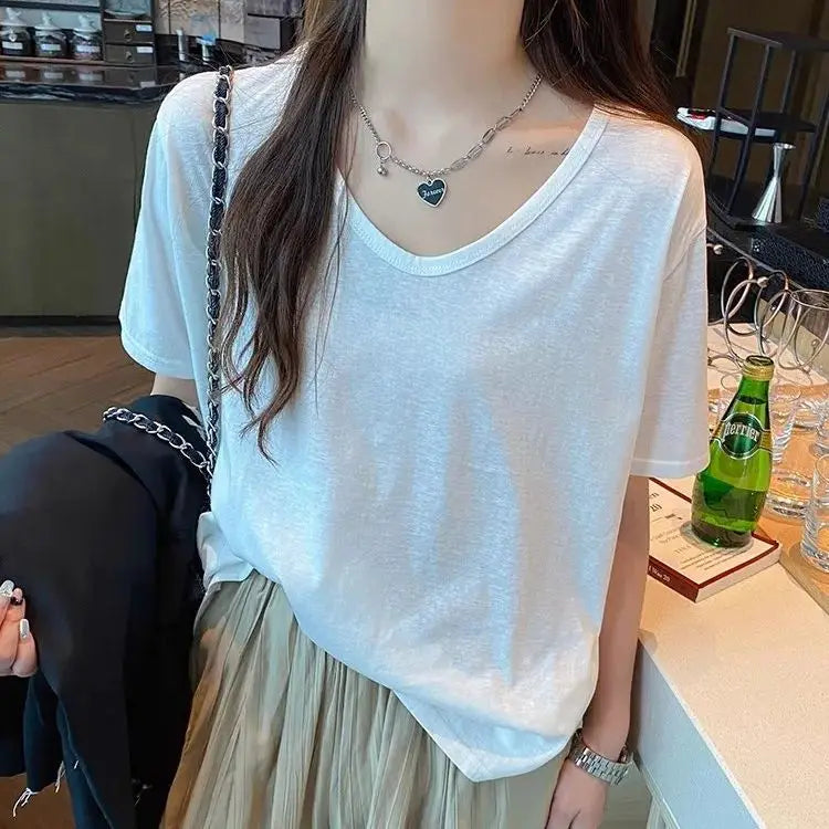 Breathable Soft V-Neck Loose-Fit Short-Sleeved T-Shirt for Women – Basic Layering Top, Versatile