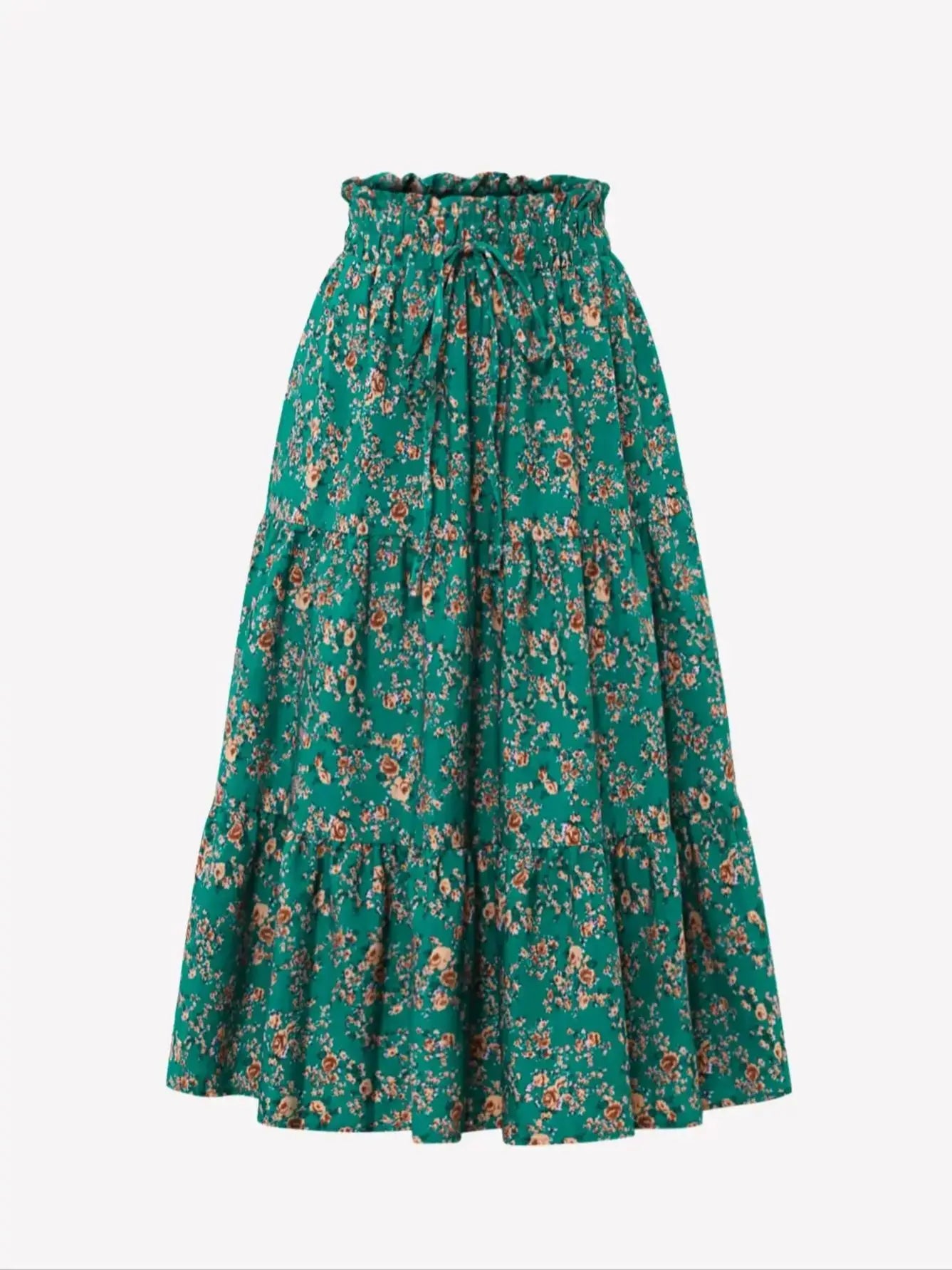 Women's High Waist Floral Print A-Line Midi Skirt - Boho Flowy Ruffle Hem Skirt for All Occasions