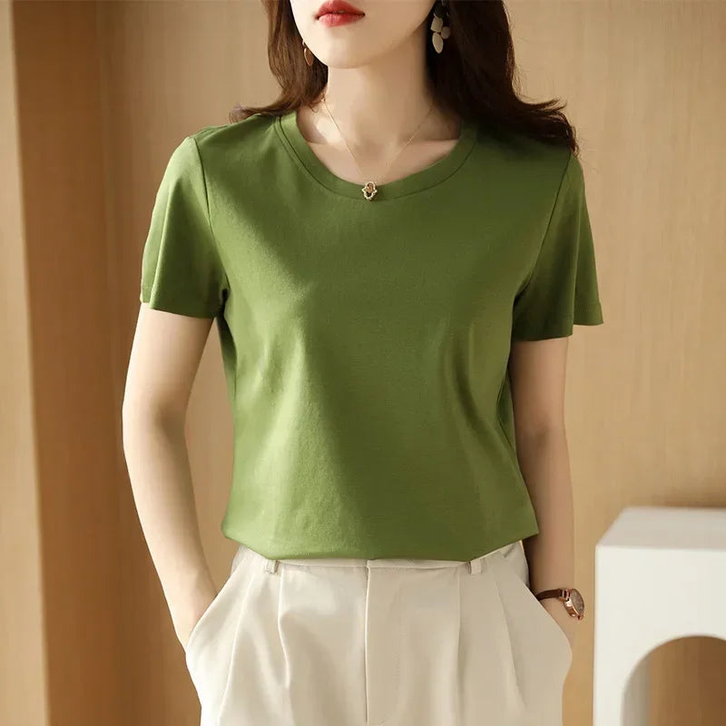 Short-sleeved T-shirt Solid Color Cotton Loose Round Neck Korean Version 2025 Spring And Summer Casual Bottoming Shirt Women