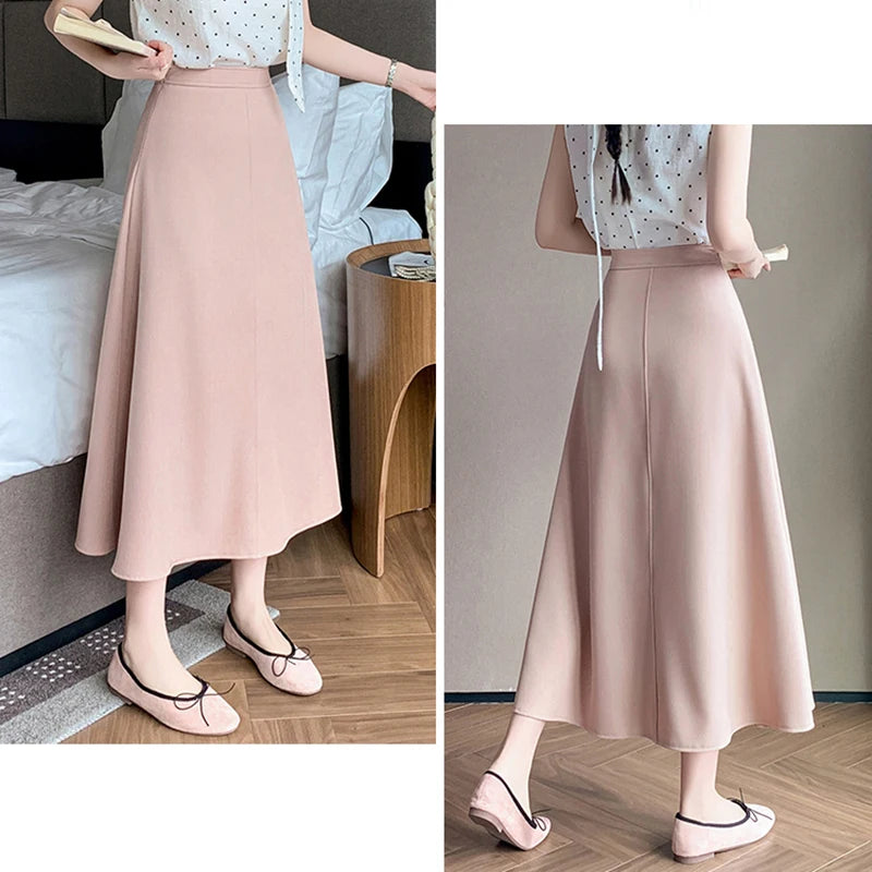 Elegant OL Spring Summer Long Skirts For Woman Fashion Korean High Waist A-line Office Skirt Suit Pleated Pink Black Skirt Women