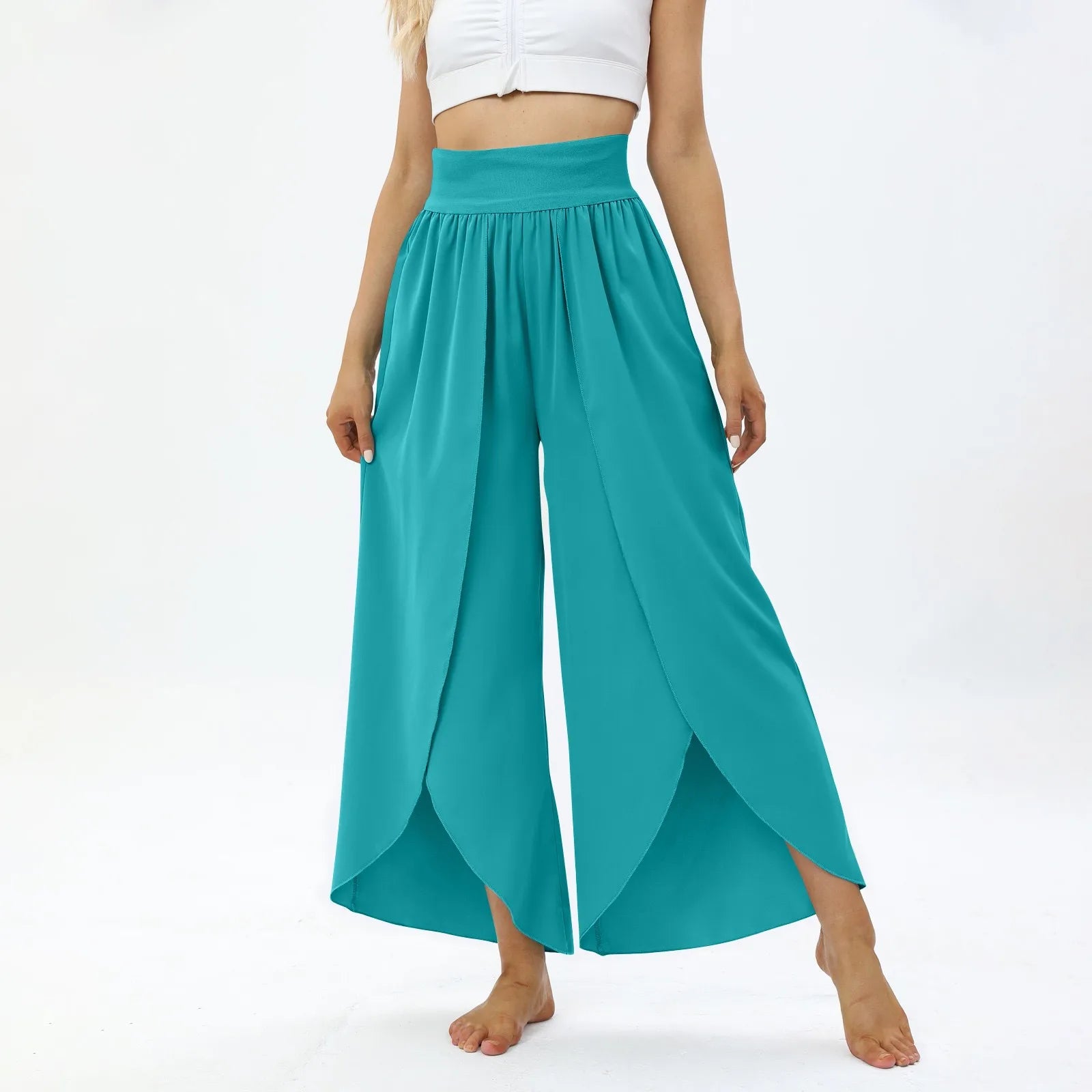 Ladies' Elastic Waist Solid Color Casual Irregular Trousers Fashion Korean Version High Waist Loose Wide Leg Long Pants