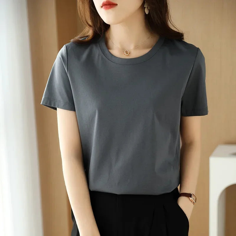 Short-sleeved T-shirt Solid Color Cotton Loose Round Neck Korean Version 2025 Spring And Summer Casual Bottoming Shirt Women