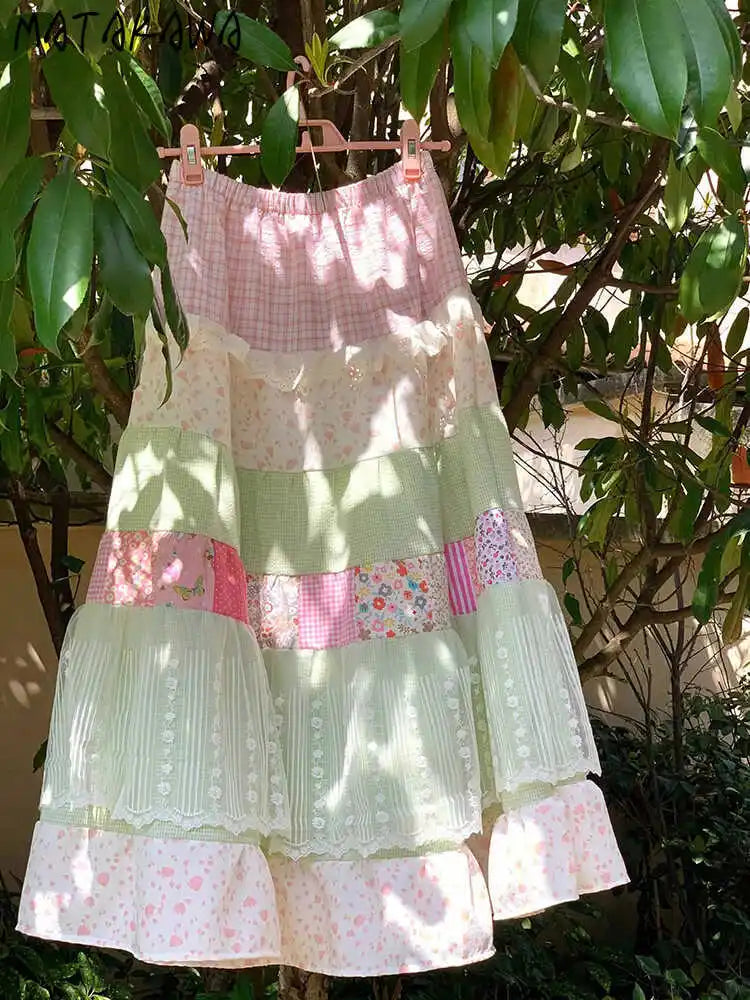 Matakawa Japanese Style Long Skirts Print Vintage A-line Spring Summer Faldas Mujer Patchwork Sweet Fashion Women Skirt