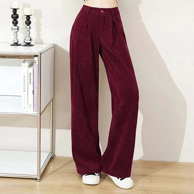 Vintage High Waist Corduroy Pants Women Autumn Winter Straight Causal Full Length Trousers Korean Fashion All Match Black Pants