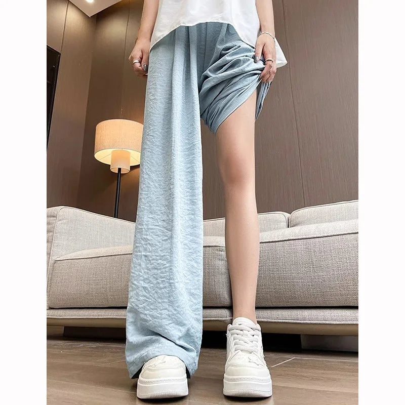 Female New Korean Baggy Wide Leg Pants Girls Solid High Waist Casual Trousers Lady Thin Comfortable Ice Silk Pants