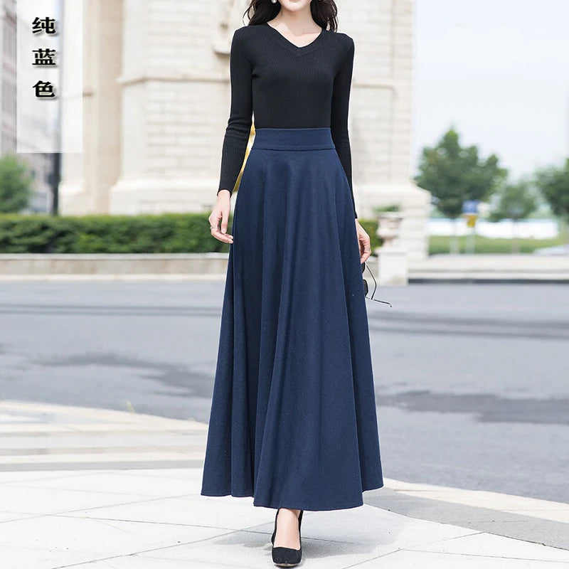 Gray wool blend half skirt, women's winter large swing slimming black long skirt, Korean style A-line high-waist umbrella skirt