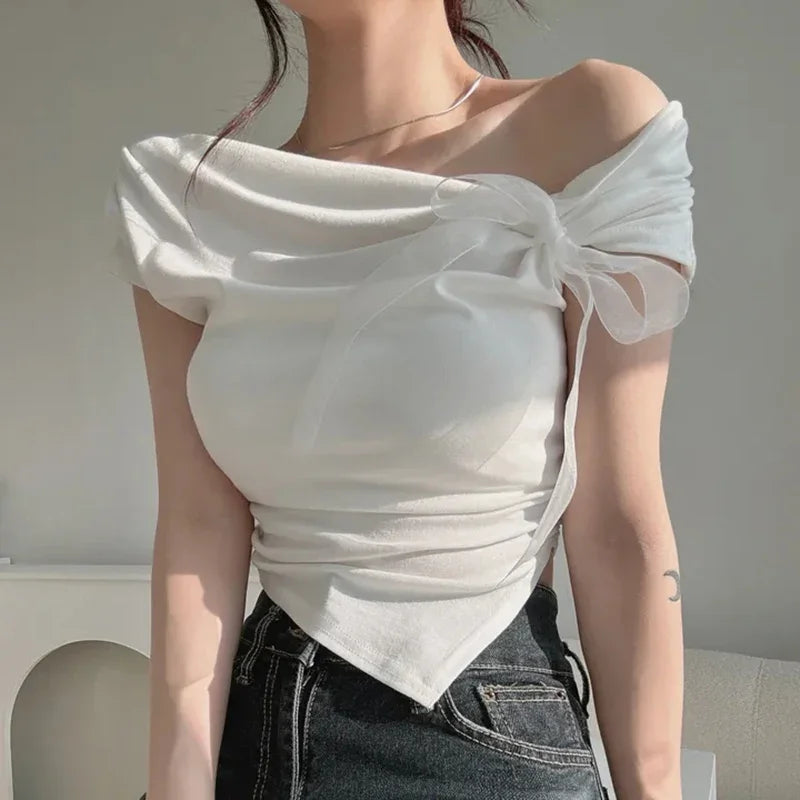 Korean Style 2026 Summer Temperament Sweet Tees Women Sexy Bow Lace Up Crop Top Irregular Off Shoulder Short Sleeve T-shirts