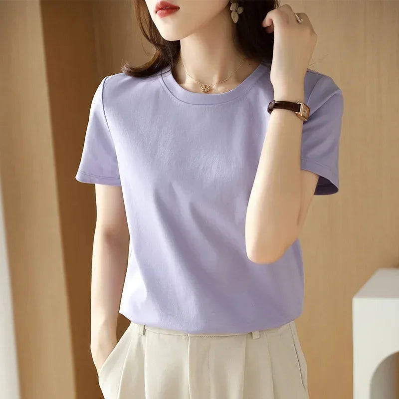 Short-sleeved T-shirt Solid Color Cotton Loose Round Neck Korean Version 2025 Spring And Summer Casual Bottoming Shirt Women