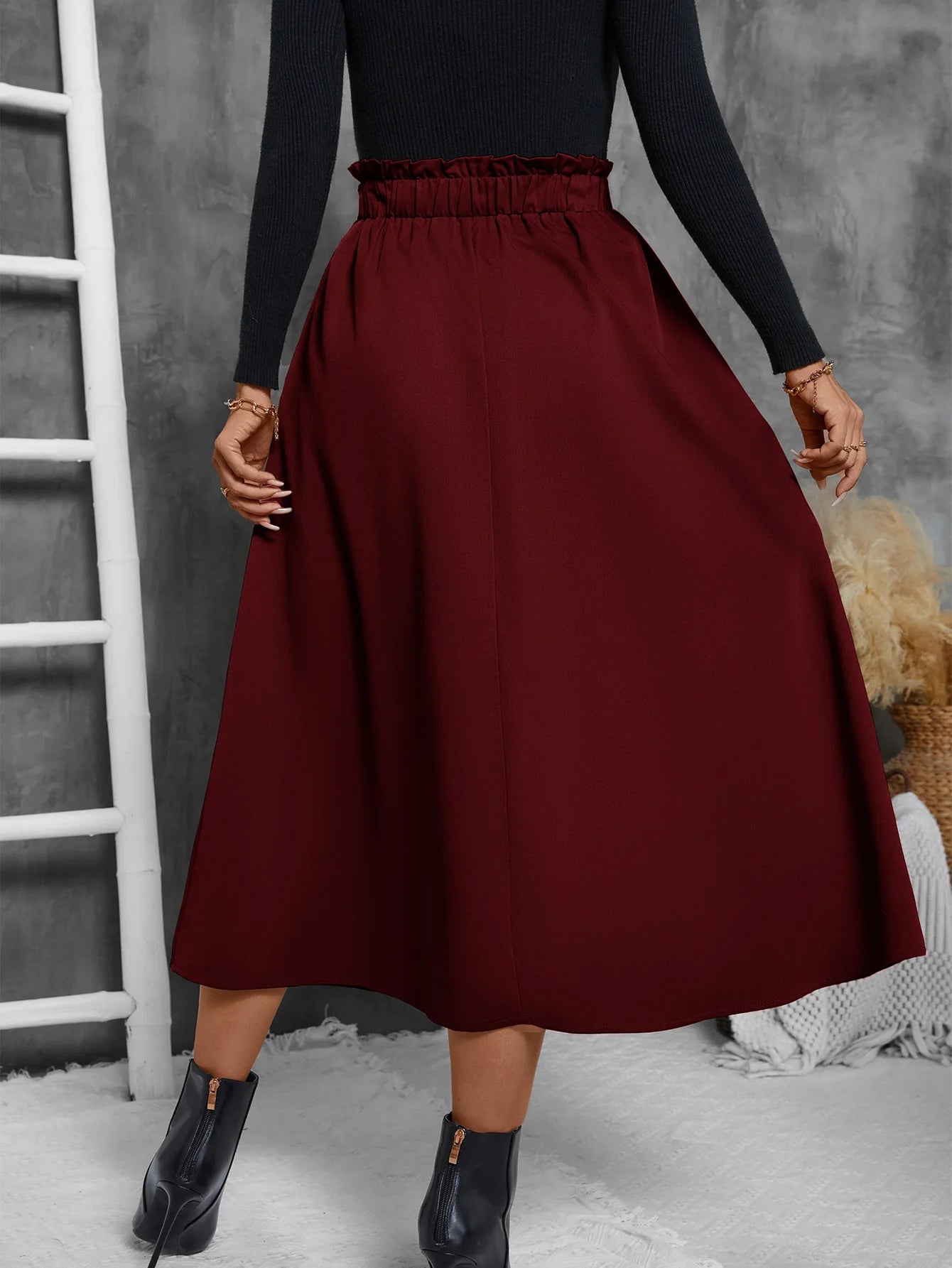 Women's Midi Skirt with Pockets - High Waist Elastic Waist Flowy A-Line Skirt for Casual and Party Wear