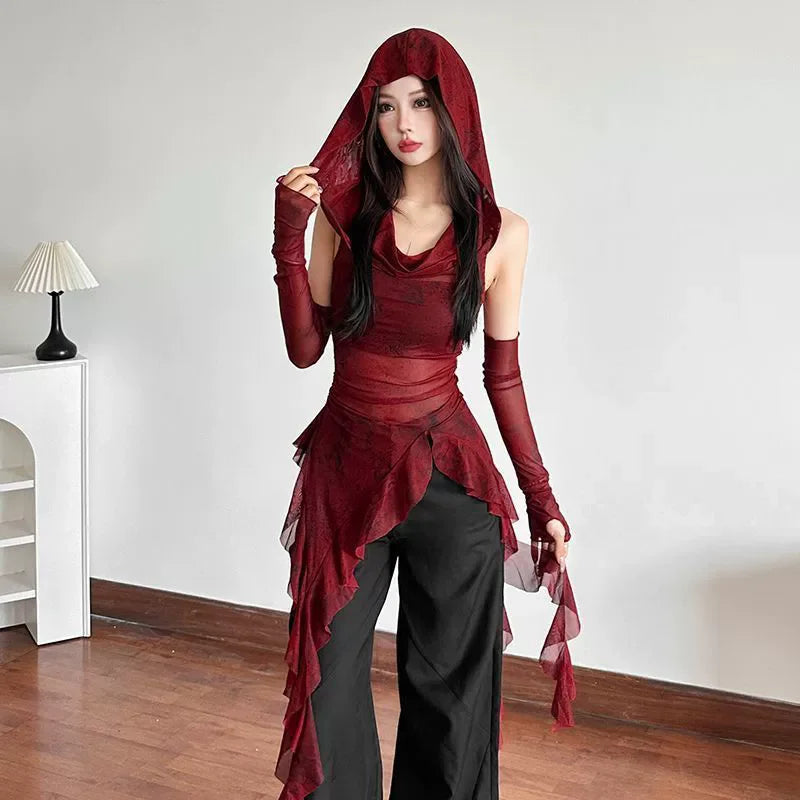 Ruffle Long Sleeve Sexy T-Shirts Fashion Women Y2K Irregular Asymmetrical Korean Crop Tops Casual Sheer Mesh Autumn Chic Tees