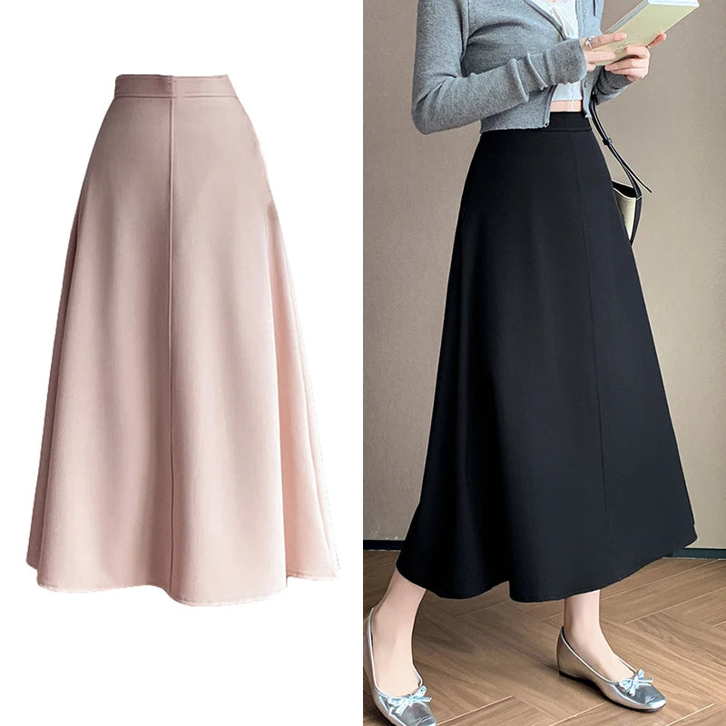 Elegant OL Spring Summer Long Skirts For Woman Fashion Korean High Waist A-line Office Skirt Suit Pleated Pink Black Skirt Women