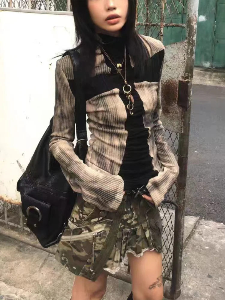 Women Y2k Clothing Ribbed Tops Vintage Harajuku Cross Print T-shirt Grunge Aesthetic Long Sleeve Patchwork Tops Trend 2000s