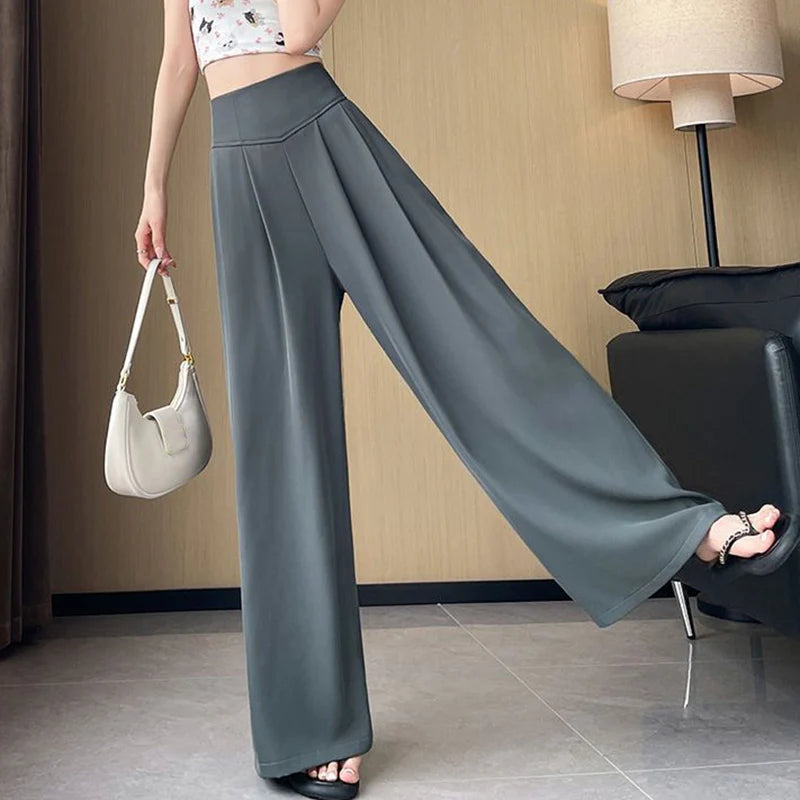Lady Korean Solid High Waist Pants Girls Fashion Wide Leg Suit Trousers Women Slim Fit Comfortable Daily Slacks
